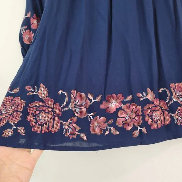 Unity World Wear Sz S Floral Navy Peasant Top Smocked 3/4 Sleeves Boho Blouse - Picture 3 of 11